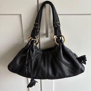 Kate Landry Women's Black Leather Shoulder Bag with Tassel Accents Medium Size